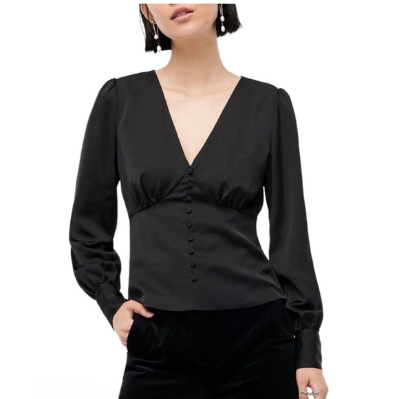 J. Crew Tops - J.Crew Black Deep V-neck button-front top in satin-backed crepe Size 4